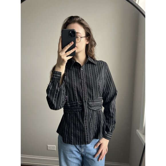 Apt. 9 Black & White Pinstripe Button Down Shirt Size M – Fitted Office Siren Bl - Picture 5 of 7